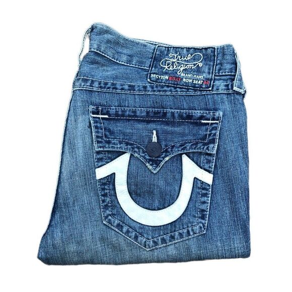 Vintage True Religion Jeans Size 38 BILLY LEATHER Horseshoe Blue - Picture 1 of 8
